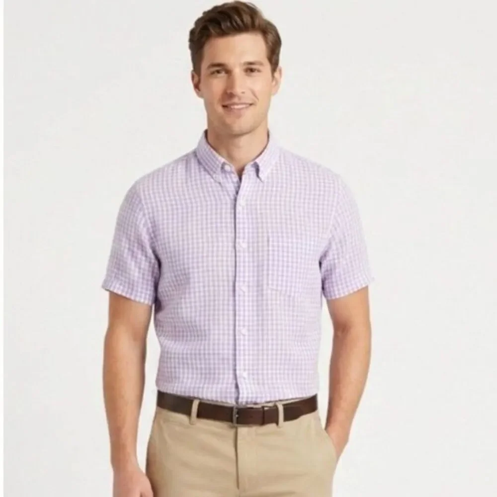 Banana Republic Men's Lavender White Linen Gingham SS Button-Down Shirt Size M